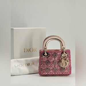 Christian Dior Mini Lady Dior Metallic Lambskin And Rose Des Vents Bag